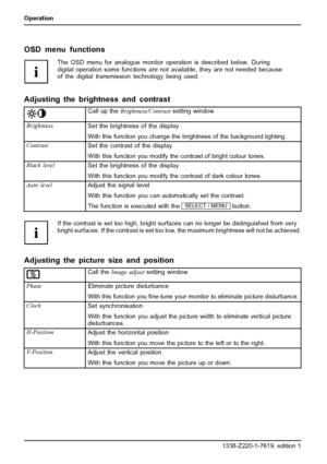 Page 26Operation
OSD menu functions
The OSD menu for analogue monitor operation is described below. During
digital operation some functions are not available, they are not needed because
of the digital transmission technology being used.
Adjusting the brightness and contrast
Call up theBrightness/Contrastsetting window
Brightness
Set the brightness of the display
With this function you change the brightness of the background lighting.
Contrast
Set the contrast of the display
With this function you modify the...