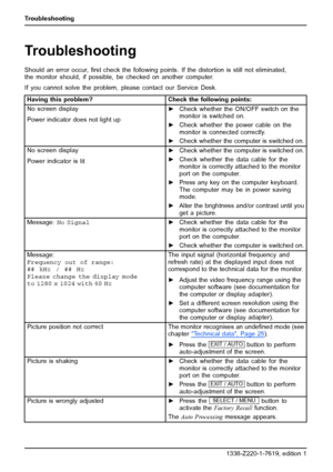 Page 30Troubleshooting
Troubleshooting
Should an error occur,ﬁrst check the following points. If the distortion is still not eliminated,
the monitor should, if possible, be checked on another computer.
If you cannot solve the problem, please contact our Service Desk.
Having this problem? Check the following points:
No screen display
Power indicator does not light up►Check whether the ON/OFF switch on the
monitor is switched on.
►Check whether the power cableon the
monitor is connected correctly.
►Check whether...