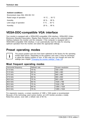 Page 34Technical data
Ambient conditions
Environment class 3K2, DIN IEC 721
Rated range of operation
Humidity15 °C .... 35 °C
20 % .... 85 %
Limit range of operation
Humidity5 °C .... 35 °C
20 % .... 85 %
VESA-DDC-compatible VGA interface
Your monitor is equipped with a VESA-DDC-compatible VGA interface. VESA-DDC (Video
Electronics Standard Association, Display Data Channel) is used as the communications
interface between the monitor and the computer. If the computer is equipped with a
VESA-DDC-compatible VGA...