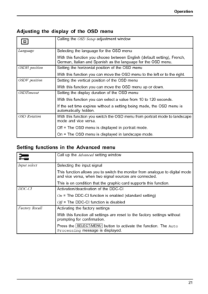 Page 29Operation
Adjusting the display of the OSD menu
Calling theOSD Setupadjustment window
Language
Selecting the language for the OSD menu
With this function you choose between English (default setting), French,
German, Italian and Spanish as the language for the OSD menu.
OSDH position
Setting the horizontal position of the OSD menu
With this function you can move the OSD menu to the left or to the right.
OSDV position
Setting the vertical position of the OSD menu
With this function you can move the OSD...