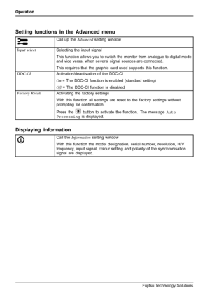 Page 32Operation
Setting functions in the Advanced menu
Call up theAdvancedsetting window
Input select
Selecting the input signal
This function allows you to switch the monitor from analogue to digital mode
and vice versa, when several signal sources are connected.
This requires that the graphic card used supports this function.
DDC-CI
Activation/deactivation of the DDC-CI
On= The DDC-CI function is enabled (standard setting)
Off = The DDC-CI function is disabled
Factory Recall
Activating the factory settings...