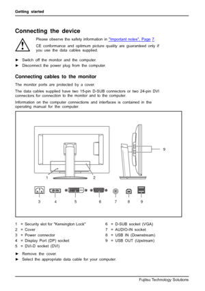 Page 20Getting started
Connecting the device
Please observe the safety information inImportantnotes,Page7.
CE conformance and optimum picture quality are guaranteed only if
you use the data cables supplied.
►Switch off the monitor and the computer.
►Disconnect the power plugfrom the computer.
Connecting cables to the monitor
The monitor ports are protected by a cover.
The data cables supplied have two 15-pin D-SUB connectors or two 24-pin DVI
connectors for connection to the monitor and to the computer....