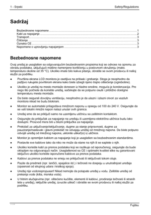 Page 116
1 - Srpski Safety/Regulations 
Sadržaj 
Bezbednosne napomene ........................................................................\
................................... ... 1 Kabl za napajanje ........................................................................\
................................................. 2 Transport........................................................................\
............................................................... 3 Čišćenje...