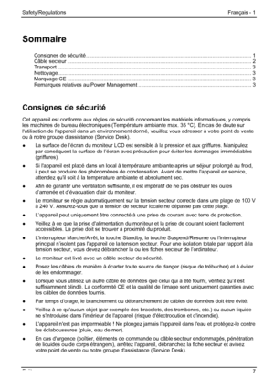 Page 13
Safety/Regulations Français - 1 
Sommaire 
Consignes de sécurité ........................................................................\
.......................................... 1 Câble secteur ........................................................................\
....................................................... 2 Transport ........................................................................\
.............................................................. 3 Nettoyage...