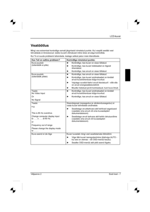 Page 159
LCD-kuvar
Väljaanne 2 Eesti keel - 7 
Veatöötlus
Mingi vea esinemisel kontrollige esmalt järgmiseid nimetatud punkte. Kui veapilti seeläbi veel 
kõrvaldada ei õnnestunud, tuleks kuvarit võimalusel mõne tei\
se arvutiga kontrollida. 
Kui Te ei suuda probleemi lahendada, teatage sellest palun meie kliendit\
oele. 
Kas Teil on selline probleem?  Kontrollige nimetatud punkte: 
Kuva puudub 
(toitenäidik ei põle)  y
  Kontrollige, kas kuvar on sisse lülitatud. 
y   Kontrollige, kas kuvari toitekaabel on...