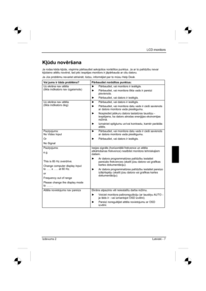 Page 195
LCD monitors 
Izdevums 2 Latviski - 7 
KºÌ du nov ršana
Ja rodas k —da k ºÌda, vispirms p —rbaudiet sekojošos nor —d¯tos punktus. Ja ar to pal ¯dz ¯bu nevar 
k ºÌ daino att lu nov rst, tad p c iesp jas monitors ir j —p—rbauda ar citu datoru. 
Ja J Ìs probl mu nevariet atrisin —t, l Ìdzu, inform jiet par to m Ìsu Help Desk. 
Vai jums ir š —da probl ma? P —rbaudiet nor —d ¯tos punktus: 
Uz ekr —na nav att la
(t ¯kla indikators nav izgaismots)  y
 P —rbaudiet, vai monitors ir iesl...