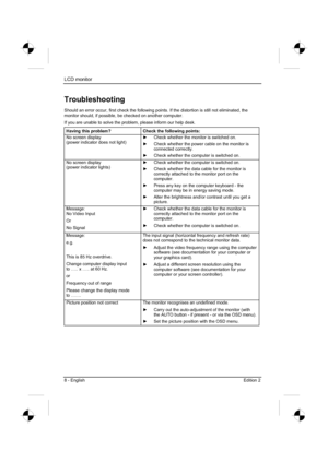 Page 28
LCD monitor 
8 - English Edition 2 
Troubleshooting
Should an error occur, first check the following points. If the distortion is still not eliminated, the 
monitor should, if possible, be checked on another computer. 
If you are unable to solve the problem, please inform our help desk. 
Having this problem?  Check the following points: 
No screen display 
(power indicator does not light)  y
  Check whether the monitor is switched on. 
y   Check whether the power cable on the monitor is 
connected...