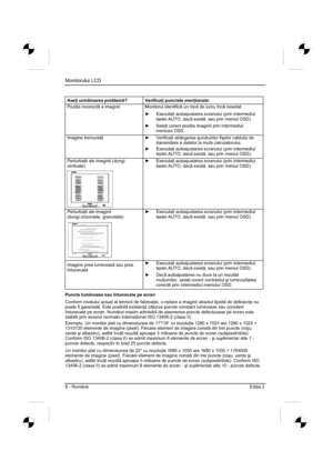 Page 280
Monitorului LCD 
8 - Român Edi ia 2 
Ave  i urm toarea problem ? Verifica  i punctele men  ionate:
Pozi  ie incorect  a imaginii  Monitorul identific  un mod de lucru înc  nesetat. 
y  Executa  i autoajustarea ecranului (prin intermediul 
tastei AUTO, dac  exist , sau prin meniul OSD). 
y  Seta  i corect pozi  ia imaginii prin intermediul 
meniului OSD. 
Imagine tremurat y  Verifica i strângerea  úuruburilor fi úelor cablului de 
transmitere a datelor la mufa...