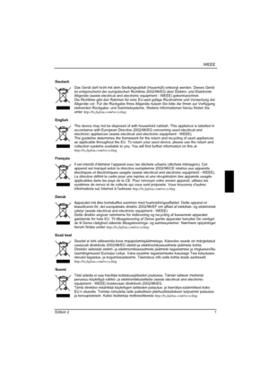 Page 307
WEEE  
Deutsch 
 
Das Gerät darf nicht mit dem Siedlungsabfall (Hausmüll) entsorgt werden. Dieses Gerät 
ist entsprechend der europäischen Richtlinie  2002/96/EG über Elektro- und Elektronik-
Altgeräte (waste electrical and elec tronic equipment - WEEE) gekennzeichnet. 
Die Richtlinie gibt den Rahmen für eine  EU-weit gültige Rücknahme und Verwertung der 
Altgeräte vor. Für die Rückgabe Ihres Altgeräts nutzen Sie bitte die Ihnen zur Verfügung 
stehenden Rückgabe- und Sammelsysteme. Weitere Informationen...