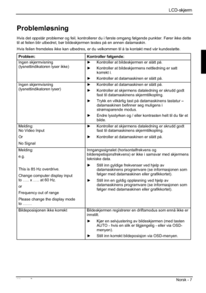 Page 147LCD-skjerm
Utgave 2 Norsk - 7 
Problemløsning
Hvis det oppstår problemer og feil, kontrollerer du i første omgang følgende punkter. Fører ikke dette 
til at feilen blir utbedret, bør bildeskjermen testes på en annen datamaskin. 
Hvis feilen fremdeles ikke kan utbedres, er du velkommen til å ta kontakt med vår kundestøtte. 
Problem: Kontroller følgende: 
Ingen skjermvisning 
(lysnettindikatoren lyser ikke) y  Kontroller at bildeskjermen er slått på. 
y  Kontroller at bildeskjermens nettledning er satt...