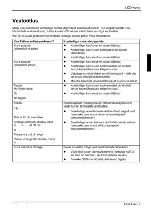Page 159LCD-kuvar
Väljaanne 2 Eesti keel - 7 
Veatöötlus
Mingi vea esinemisel kontrollige esmalt järgmiseid nimetatud punkte. Kui veapilti seeläbi veel 
kõrvaldada ei õnnestunud, tuleks kuvarit võimalusel mõne teise arvutiga kontrollida. 
Kui Te ei suuda probleemi lahendada, teatage sellest palun meie klienditoele. 
Kas Teil on selline probleem? Kontrollige nimetatud punkte: 
Kuva puudub 
(toitenäidik ei põle) y  Kontrollige, kas kuvar on sisse lülitatud. 
y  Kontrollige, kas kuvari toitekaabel on õigesti...