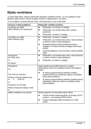 Page 195LCD monitors 
Izdevums 2 Latviski - 7 
KºÌdu novršana
Ja rodas k—da kºÌda, vispirms p—rbaudiet sekojošos nor—d¯tos punktus. Ja ar to pal¯dz¯bu nevar 
kºÌdaino attlu novrst, tad pc iespjas monitors ir j—p—rbauda ar citu datoru. 
Ja JÌs problmu nevariet atrisin—t, lÌdzu, informjiet par to mÌsu Help Desk. 
Vai jums ir š—da problma? P—rbaudiet nor—d¯tos punktus: 
Uz ekr—na nav attla
(t¯kla indikators nav izgaismots) y P—rbaudiet, vai monitors ir ieslgts.
y P—rbaudiet, vai monitora...