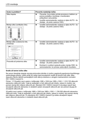 Page 220LCD monitorja 
8 - Slovensko Izdaja 2 
Imate ta problem? Preverite naslednje toþke:
Slika trepeta y Preverite, þe je dobro privita povezava s kablom za 
prenos podatkov monitorja z monitorskim 
prikljuþkom raþunalnika.
y Izvedite samonastavitev zaslona (s tipko AUTO - þe
obstaja - ali preko zaslona OSD). 
Motnje slike (vertikalne þrte)y Izvedite samonastavitev zaslona (s tipko AUTO - þe
obstaja - ali preko zaslona OSD). 
Motnje slike (vodoravne þrte,
sneženje)y Izvedite samonastavitev zaslona (s...