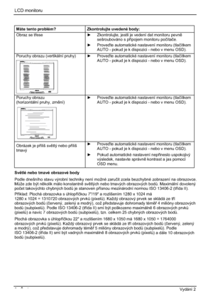 Page 244LCD monitoru 
8 - ýesky Vydání 2 
Máte tento problém? Zkontrolujte uvedené body: 
Obraz se tesey  Zkontrolujte, jestli je vedení dat monitoru pevn
sešroubováno s pípojem monitoru poþítaþe.
y Provete automatické nastavení monitoru (tlaþítkem
AUTO - pokud je k dispozici - nebo v menu OSD). 
Poruchy obrazu (vertikální pruhy) y Provete automatické nastavení monitoru (tlaþítkem
AUTO - pokud je k dispozici - nebo v menu OSD). 
Poruchy obrazu  
(horizontální pruhy, zrnní)y Provete automatické...