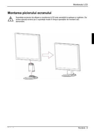 Page 281Monitorului LCD
Edi ia 2Român - 9 
Montarea piciorului ecranului 
!
Suprafa a ecranului de afiúare a monitorului LCD este sensibil la apsare úi zgâriere. De 
aceea aúeza i ecranul pe o suprafa  moale în timpul opera iilor de montare sau 
demontare.
 