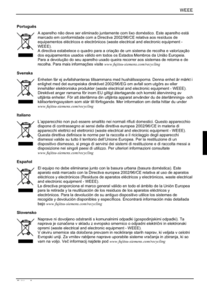 Page 309WEEE
Edition 2 
Português
A aparelho não deve ser eliminado juntamente com lixo doméstico. Este aparelho está 
marcado em conformidade com a Directiva 2002/96/CE relativa aos resíduos de 
equipamentos eléctricos e electrónicos (waste electrical and electronic equipment - 
WEEE).
A directiva estabelece o quadro para a criação de um sistema de recolha e valorização 
dos equipamentos usados válido em todos os Estados Membros da União Europeia. 
Para a devolução do seu aparelho usado queira recorrer aos...