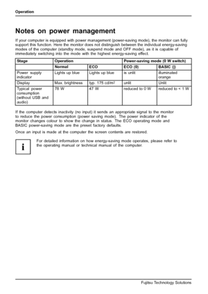 Page 22Operation
Notes on power management
If your computer is equipped with power management (power-saving mode), the monitor can fully
support this function. Here the monitor does not di stinguish between the individual energy-saving
modes of the computer (standby mode, sus pend mode and OFF mode), as it is capable of
immediately switching into the mode with the highest energy-saving effect.
Stage Operation Power-saving mode (0 W switch)
Normal ECOECO (0) BASIC (|)
Power supply
indicator Lights up blue Lights...