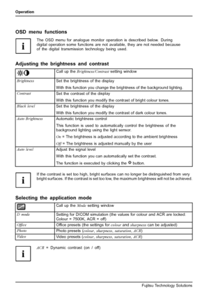 Page 28Operation
OSD menu functions
The OSD menu for analogue monitor operation is described below. During
digital operation some functions are not available, they are not needed because
of the digital transmission technology being used.
Adjusting the brightness and contrast
Call up theBrightness/Con trast
setting window
Brightness
Set the brightness of the display
With this function you change the brightness of the background lighting.
Contrast
Set the contrast of the di splay
With this function you m odify...