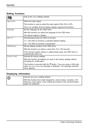 Page 30Operation
Setting functions
Call up theSetupsettings window
Input select
Select the input signal
This function is used to select the input signal (VGA, DVI or DP).
This is on condition that the display adapter supports this function.
Language
Set the language for the OSD menu
With this function you select the language for the OSD menu.
The default setting is English.
DDC-CIActivates/deactivates the DDC-CI function
On= The DDC-CI function is activated (default setting)
Off = The DDC-CI function is...