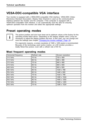 Page 36Technical speciﬁcation
VESA-DDC-compatible VGA interface
Your monitor is equipped with a VESA-DDC-compatible VGA interface. VESA-DDC (Video
Electronics Standard Association, Display Data Channel) is used as the communications
interface between the monitor and the computer. If the computer is equipped with a
VESA-DDC-compatible VGA interface, it can automatically read the data for ensuring
optimum operation from the monitor and select the appropriate settings.
Preset operating modes
The picture position...