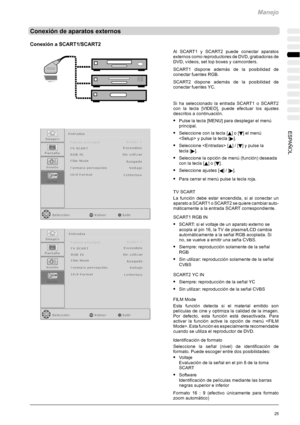 Page 129Manejo
25ESPAÑOL
Conexión de aparatos externos
Conexión a SCART1/SCART2
Al SCART1 y SCART2 puede conectar aparatos
externos como reproductores de DVD, grabadoras de
DVD, vídeos, set top boxes y camcorders.
SCART1 dispone además de la posibilidad de
conectar fuentes RGB.
SCART2 dispone además de la posibilidad de
conectar fuentes YC.
Si ha seleccionado la entrada SCART1 o SCART2
con la tecla [VIDEO], puede efectuar los ajustes
descritos a continuación.
SPulse la tecla [MENU] para desplegar el menú...