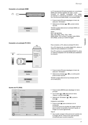 Page 131Manejo
27ESPAÑOL
Conexión a la entrada HDMI
La TV de plasma/LCD está equipada con una entrada
HDMI para señales digitales de vídeo y audio.
Conecte un aparato compatible con HDMI,
por ejemplo un reproductor de DVD o un set top box
con una toma de salida HDMI, a la entrada HDMI.
SPulse la tecla [F4] para desplegar el menú de
selección .
SSeleccione entradas [Y]/[B] y pulse la tecla
roja (M).
También puede seleccionar la entrada HDMI con
la tecla [VIDEO].
Señal:
640 x 480 @ 60Hz
480i, 576i, 480p, 576p,...