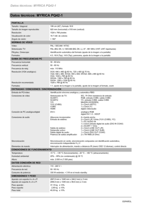 Page 136Datos técnicos: MYRICA PQ42-1
32ESPAÑOL
Datos técnicos: MYRICA PQ42-1
PANTALLA
Tamaño / diagonal: 106 cm (42”), formato 16:9
Tamaño de imagen reproducible: 920 mm (horizontal) x 518 mm (vertical)
Resolución: 1024 x 768 píxeles
Visualización de color: 16.7 mill. de colores
Ángulo de visión: > 160°
NORMAS DE VÍDEO
Vídeo: PAL / SECAM / NTSC
Sintonizador TV: PAL (BG, DK, I) / SECAM (BG, DK, L), 47 - 861 MHz (VHF, UHF, hiperbanda)
PALplus, Cinescope: Identificación automática del formato (ajuste de la imagen...