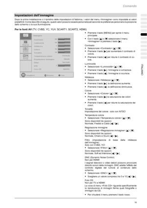 Page 191Comando
19ITALIANO
Impostazioni dell’immagine
Dopo la prima installazione o il ripristino delle impostazioni di fabbrica, i valori del menu  sono impostate ai valori
predefiniti. Come descritto di seguito, questi valori possono essere personalizzati secondo le preferenze personali e la posizione
dello schermo o la sua illuminazione.
Per le fonti AV(TV, CVBS, YC, YUV, SCART1, SCART2, HDMI)
SPremere il tasto [MENU] per aprire il menu
principale.
SCon il tasto [Y]o[B] selezionare il menu
 e premere il tasto...