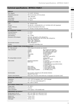 Page 67Technical specifications - MYRICA VQ40-1
31ENGLISH
Technical specifications - MYRICA VQ40-1
DISPLAY
Size / diagonal: 101 cm (40”), 16:9 format
Displayable picture size: 885 mm (horizontal) x 497 mm (vertical)
Resolution: 1366 x 768 pixels
Colour display: 16.7 million colours
Viewing angle: 178° typical
VIDEO STANDARDS
Video: PAL / SECAM / NTSC
TV tuner: PAL (BG, DK, I) / SECAM (BG, DK, L), 47 - 861 MHz (VHF, UHF, Hyperband)
PALplus, Cinescope: Automatic format detection (full screen)
Formats: 4:3, 16:9...