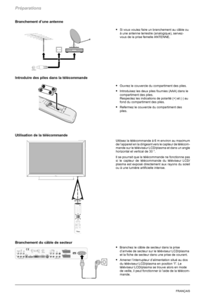 Page 80Préparations
10FRANÇAIS
Branchement d’une antenne
SSi vous voulez faire un branchement au câble ou
à une antenne terrestre (analogique), servez-
vous de la prise femelle ANTENNE.
Introduire des piles dans la télécommande
SOuvrez le couvercle du compartiment des piles.
SIntroduisez les deux piles fournies (AAA) dans le
compartiment des piles.
Respectez les indications de polarité (+) et (-) au
fond du compartiment des piles.
SRefermez le couvercle du compartiment des
piles.
Utilisation de la télécommande...