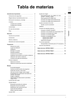 Page 105Tabla de materias
1 ESPAÑOL
Advertencias importantes 2.......................
Indicaciones de seguridad 2.....................
Reglas básicas importantes para el uso 2..........
Eliminación de residuos y reciclaje 3..............
Limpieza 3....................................
Limpieza de la pantalla 3.....................
Limpieza de la carcasa 3.....................
Conformidad 3.................................
En caso de anomalías 3........................
Pilas...