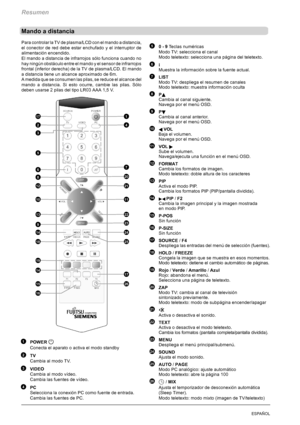 Page 110Resumen
6ESPAÑOL
Mando a distancia
Para controlar la TV de plasma/LCD con el mando a distancia,
el conector de red debe estar enchufado y el interruptor de
alimentación encendido.
El mando a distancia de infrarrojos sólo funciona cuando no
hay ningún obstáculo entre el mando y el sensor de infrarrojos
frontal (inferior derecha) de la TV de plasma/LCD. El mando
a distancia tiene un alcance aproximado de 6m.
A medida que se consumen las pilas, se reduce el alcance del
mando a distancia. Si esto ocurre,...