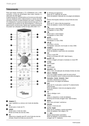 Page 144Visão geral
6PORTUGUES
Telecomando
Para que possa comandar a TV LCD/plasma com o tele-
comando, a ficha de alimentação deve estar inserida e o
interruptor de rede ligado.
O telecomando por infravermelhos só funciona se não existir
nenhum obstáculo entre o telecomando e o sensor de infra-
vermelhos situado na parte dianteira (em baixo, à direita) da
TV LCD/plasma. O alcance do telecomando é de aprox. 6 m.
À medida que as pilhas se vão descarregando, o alcance do
telecomando vai diminuindo. Neste caso,...