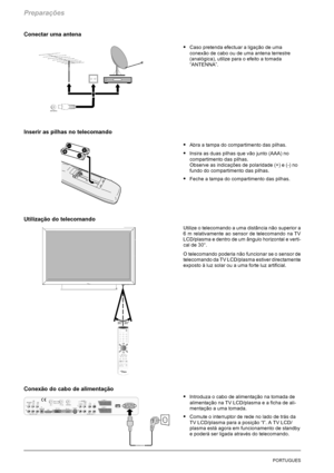 Page 148Preparações
10PORTUGUES
Conectar uma antena
SCaso pretenda efectuar a ligação de uma
conexão de cabo ou de uma antena terrestre
(analógica), utilize para o efeito a tomada
“ANTENNA”.
Inserir as pilhas no telecomando
SAbra a tampa do compartimento das pilhas.
SInsira as duas pilhas que vão junto (AAA) no
compartimento das pilhas.
Observe as indicações de polaridade (+) e (-) no
fundo do compartimento das pilhas.
SFeche a tampa do compartimento das pilhas.
Utilização do telecomando
Utilize o telecomando a...