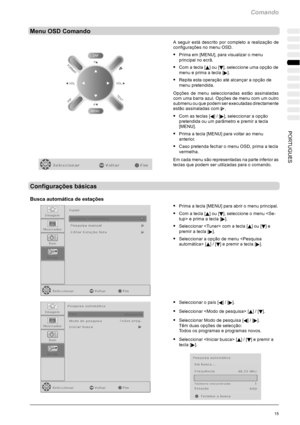 Page 153Comando
15PORTUGUES
Menu OSD Comando
A seguir está descrito por completo a realização de
configurações no menu OSD.
SPrima em [MENU], para visualizar o menu
principal no ecrã.
SCom a tecla [Y]ou[B], seleccione uma opção de
menueprimaatecla[
].
SRepita esta operação até alcançar a opção de
menu pretendida.
Opções de menu seleccionadas estão assinaladas
com uma barra azul. Opções de menu com um outro
submenu ou que podem ser executadas directamente
estão assinaladas com
.
SComasteclas[A]/[], seleccionar a...