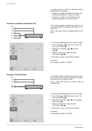 Page 164Comando
26PORTUGUES
na opção de menu  estiver
ajustada Tensão de ligação.
SLetterbox: a imagem é esticada horizontal e verti-
calmente até preencher o ecrã por completo
SAnomorfo: a imagem só é esticada horizontal-
mente até preencher o ecrã por completo.
Conexão às entradas Componente YUV
A YUV pode conectar equipamentos externos, tais
como, leitor de DVDs ou gravador de DVDs com uma
saída YUV.
Para o sinal áudio utilize as entradas LINE IN YUV
(L/R).
SPrima a tecla [MENU] para abrir o menu principal....