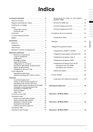 Page 173Indice
1 ITALIANO
Avvertenze importanti 2..........................
Norme di sicurezza 2...........................
Regole fondamentali per l’utilizzo 2...............
Smaltimento e riciclaggio 3......................
Pulizia 3......................................
Pulizia dello schermo 3......................
Pulizia del case 3...........................
Conformità 3..................................
In caso di malfunzionamenti 3....................
Batterie 3........................................