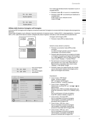 Page 185Comando
13ITALIANO
Con il tastodel telecomando impostare il suono in
modalità MUTO.
SPremere il tastoe il suono è in modalità Muto.
SPremere il tastonuovamente per disattivare la
modalità Muto.
A tale scopo si può utilizzare anche
il tasto [VOL
].
Utilizzo della funzione Immagine nell’immagine
La funzione PIP (immagine nell’immagine) consente di osservare l’immagine di una seconda fonte immagine oltre al programma
televisivo.
Come fonte immagine si può utilizzare il secondo elemento di ricezione (tuner),...