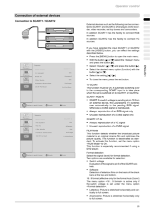 Page 61Operator control
25ENGLISH
Connection of external devices
Connection to SCART1 / SCART2
External devices such as the following can be connec-
ted to SCART1 and SCART2: DVD player, DVD recor-
der, video recorder, set top boxes and camcorders.
In addition SCART1 has the facility to connect RGB
sources.
In addition SCART2 has the facility to connect YC
sources.
If you have selected the input SCART1 or SCART2
with the [VIDEO] button, you can effect the settings
described below.
SPress the [MENU] button to...