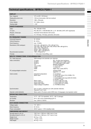 Page 69Technical specifications - MYRICA PQ50-1
33ENGLISH
Technical specifications - MYRICA PQ50-1
DISPLAY
Size / diagonal: 127 cm (50”), 16:9 format
Displayable picture size: 1106 mm (horizontal) x 622 mm (vertical)
Resolution: 1366 x 768 pixels
Colour display: 16.7 million colours
Viewing angle: > 160°
VIDEO STANDARDS
Video: PAL / SECAM / NTSC
TV tuner: PAL (BG, DK, I) / SECAM (BG, DK, L), 47 - 861 MHz (VHF, UHF, Hyperband)
PALplus, Cinescope: Automatic format detection (full screen)
Formats: 4:3, 16:9 (top),...