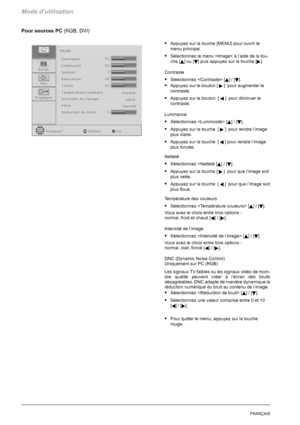 Page 90Mode d’utilisation
20FRANÇAIS
Pour sources PC(RGB, DVI)
SAppuyez sur la touche [MENU] pour ouvrir le
menu principal.
SSélectionnez le menu  à l’aide de la tou-
che [
Y]ou[B] puis appuyez sur la touche [].
Contraste
SSélectionnez  [Y]/[B].
SAppuyez sur le bouton [] pour augmenter le
contraste.
SAppuyez sur le bouton [A] pour diminuer le
contraste.
Luminance
SSélectionnez  [Y]/[B].
SAppuyez sur la touche [] pour rendre l’image
plus claire.
SAppuyez sur la touche [A] pour rendre l’image
plus foncée....