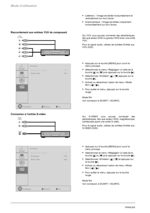 Page 96Mode d’utilisation
26FRANÇAIS
SLetterbox : l’image est étirée horizontalement et
verticalement sur tout l’écran
SAnamorphique : l’image est étirée uniquement
horizontalement sur tout l’écran.
Raccordement aux entrées YUV de composant
Sur YUV vous pouvez connecter des périphériques,
tels que lecteur DVD ou graveur DVD avec une sortie
YUV.
Pour le signal audio, utilisez les entrées Entrée aux.
YUV (G/D).
SAppuyez sur la touche [MENU] pour ouvrir le
menu principal.
SSélectionnez le menu  à l’aide de la...