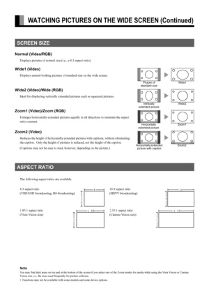 Page 32E-18
WATCHING PICTURES ON THE WIDE SCREEN (Continued)
Normal (Video/RGB)
Displays pictures of normal size (i.e., a 4:3 aspect ratio).
Wide1 (Video)
Displays natural-looking pictures of standard size on the wide screen.
Wide2 (Video)/Wide (RGB)
Ideal for displaying vertically extended pictures such as squeezed pictures.
Zoom1 (Video)/Zoom (RGB)
Enlarges horizontally extended pictures equally in all directions to maintain the aspect 
ratio constant.
Zoom2 (Video)
Reduces the height of horizontally extended...