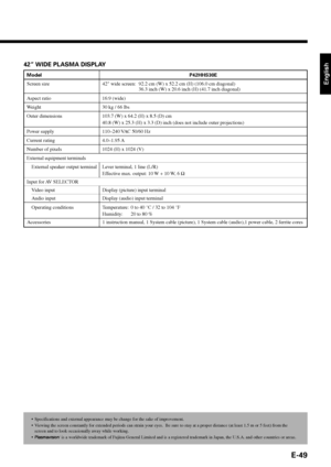 Page 49English
E-49
•Specifications and external appearance may be change for the sake of improvement.
•Viewing the screen constantly for extended periods can strain your eyes.  Be sure to stay at a proper distance (at least 1.5 m or 5 feet) from the
screen and to look occasionally away while working.
•is a worldwide trademark of Fujitsu General Limited and is a registered trademark in Japan, the U.S.A. and other countries or areas.
42” WIDE PLASMA DISPLAY
Model P42HHS30E
Screen size 42 wide screen: 92.2 cm (W)...