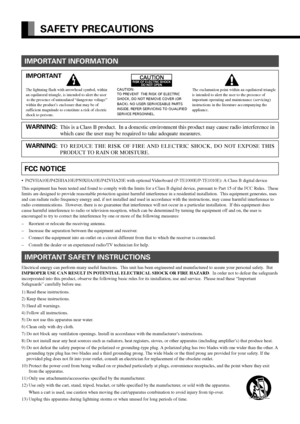 Page 2E-2
SAFETY PRECAUTIONS
IMPORTANT INFORMATION
IMPORTANT
WARNING:
This is a Class B product.  In a domestic environment this product may cause radio interference in
which case the user may be required to take adequate measures.
WARNING:TO REDUCE THE RISK OF FIRE AND ELECTRIC SHOCK, DO NOT EXPOSE THIS
PRODUCT TO RAIN OR MOISTURE.
FCC NOTICE
• P42VHA10E/P42HHA10E/P50XHA10E/P42VHA20E with optional Videoboard (P-TE1000E/P-TE1010E): A Class B digital device
This equipment has been tested and found to comply...