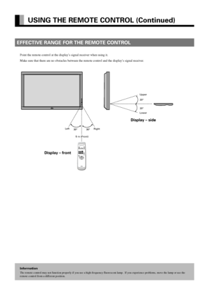 Page 12E-12
EFFECTIVE RANGE FOR THE REMOTE CONTROL
Point the remote control at the display’s signal receiver when using it.
Make sure that there are no obstacles between the remote control and the display’s signal receiver.
USING THE REMOTE CONTROL (Continued)
Information
The remote control may not function properly if you use a high-frequency fluorescent lamp.  If you experience problems, move the lamp or use the
remote control from a different position.
Display – frontDisplay – side
Right Left
5 m...