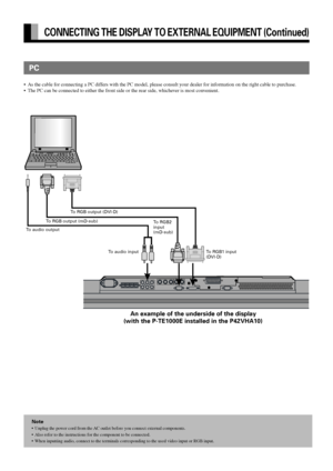 Page 18E-18
 PC
•As the cable for connecting a PC differs with the PC model, please consult your dealer for information on the right cable to purchase.
•The PC can be connected to either the front side or the rear side, whichever is most convenient.
To RGB output (mD-sub)
To audio outputTo RGB output (DVI-D)
To RGB1 input
(DVI-D) To audio inputTo RGB2
input
(mD-sub)
Note
•Unplug the power cord from the AC outlet before you connect external components.
•Also refer to the instructions for the component to be...