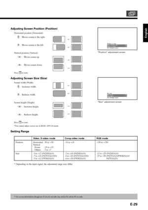 Page 29E-29
English
Adjusting Screen Position (Position)
Horizontal position (Horizontal)
 : Moves screen to the right.
 : Moves screen to the left.
Vertical position (Vertical)
 : Moves screen up.
 : Moves screen down.
Press  to store.
Adjusting Screen Size (Size)
Screen width (Width)
 : Increases width.
 : Reduces width.
Screen height (Height)
 : Increases height.
 : Reduces height.
Press  to store.
*You cannot adjust screen size in RGB1 (DVI-D) mode.
Setting Range
* Depending on the input signal, the...