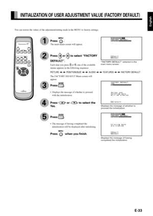 Page 45English
E-33
INITIALIZATION OF USER ADJUSTMENT VALUE (FACTORY DEFAULT)
1
“FACTORY DEFAULT” selected in the
main menu screen
Displays the message of whether to
proceed the initialization
Displays the message of having
completed the initialization
You can restore the values of the adjustment/setting made in the MENU to factory settings.
PICTURE  POSITION/SIZE  AUDIO  FEATURES  FACTORY DEFAULT
3
4
5
Press .
The main menu screen will appear.
Press  or  to select “FACTORY
DEFAULT”.
Each time you press  or ,...