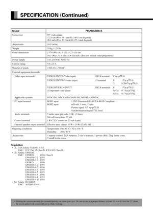 Page 10E-10
SPECIFICATION (Continued)
Model P55XHA30W/A
Screen size 55 wide screen:
122.9 cm (W) x 69.1 cm (H) (140.0 cm diagonal)48.4 inch (W) x 27.2 inch (H) (55.1 inch diagonal)
Aspect ratio 16:9 (wide)
Weight 55 kg / 121 lbs
Outer dimensions 137.8 (W) x 81.0 (H) x 12.3 (D) cm
54.3 (W) x 31.9 (H) x 4.8 (D) inch  (does not include outer projections)
Power supply 110–240 VAC 50/60 Hz
Current rating 5.9–2.5 A
Number of pixels 1366 (H) x 768 (V)
External equipment terminals
Video input terminals VIDEO1 INPUT...